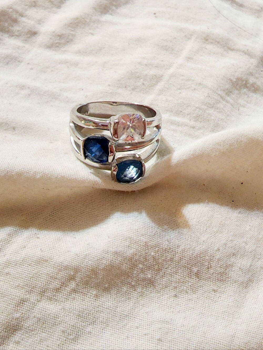 Silver Triple Stone Ring with Blue and Clear Gems